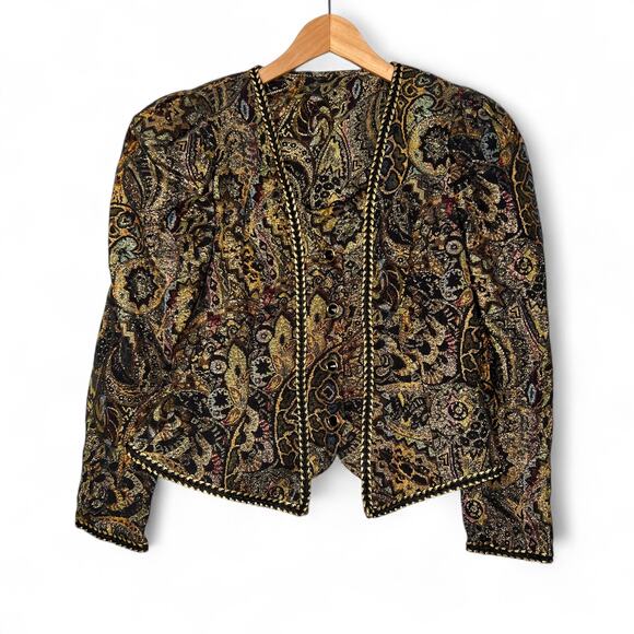 Vintage 80s Brocade Jacket Size Medium Black Gold Cotton Jacquard Tapestry Braid - Picture 2 of 9
